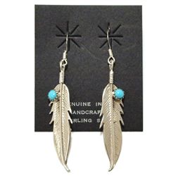 Navajo Turquoise Sterling Silver Feather French Hook Earrings - Running Bear