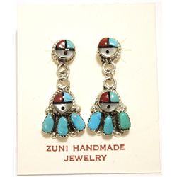 Zuni Multi-Stone Inlay Sun Face Sterling Silver Post Earrings - Ernest Zunie