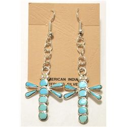 Zuni Turquoise Inlay Sterling Silver Dragonfly French Hook Earrings - Emma Edaakie