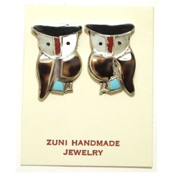 Zuni Multi-Stone Inlay Owl Sterling Silver Post Earrings - Pitkin Natewa