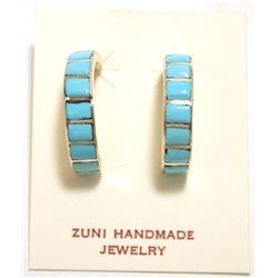 Zuni Turquoise Inlay Sterling Silver Large Half-Ring Post Earrings - Glennetta Luna