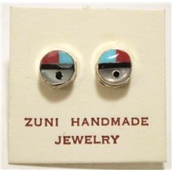 Zuni Multi-Stone Inlay Sun Face Sterling Silver Post Earrings - Dovaria Bookiti