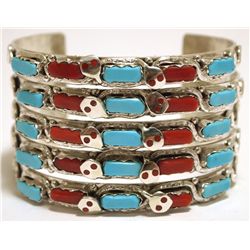 Zuni Coral & Turquoise Sterling Silver Snake Cuff Bracelet - Effie Calavaza