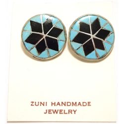 Zuni Onyx & Turquoise Inlay Sterling Silver Clip-On Earrings - Dena Chavez