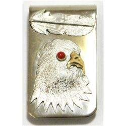 Navajo Coral & Brass Eagle Head Sterling Silver Money Clip - Betty Thomas