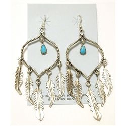 Navajo Turquoise Sterling Silver Feather French Hook Earrings - Chris Charley