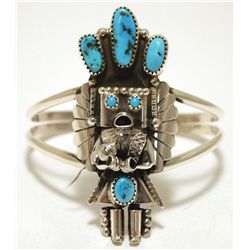 Navajo Turquoise Sterling Silver Kachina Cuff Bracelet - Doris Smallcanyon