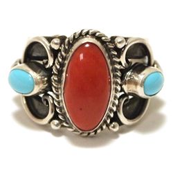 Navajo Coral & Turquoise Sterling Silver Women's Ring - Derrick Gordon - Size 7.75