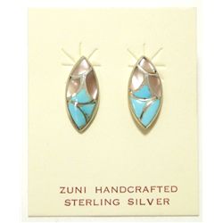 Zuni Mother of Pearl & Turquoise Inlay Sterling Silver Post Earrings - Orena Leekya