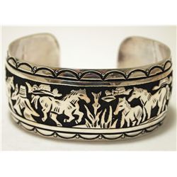 Navajo Sterling Silver Horses Large Cuff Bracelet - Richard Singer