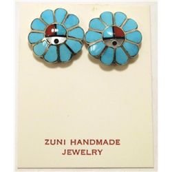 Zuni Multi-Stone Inlay Sun Face Sterling Silver Post Earrings - Burdian Soseeah