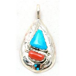 Zuni Coral and Turquoise Medium Teardrop Snake Pendant - Effie Calavaza