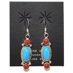 Navajo Coral & Turquoise Sterling Silver French Hook Earrings - Running Bear