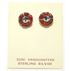 Zuni Multi-Stone Inlay Red Flower Sun Face Sterling Silver Post Earrings - Karen Lalio