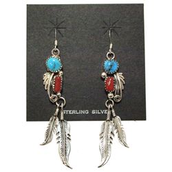 Navajo Coral & Turquoise Sterling Silver Feather French Hook Earrings - Running Bear