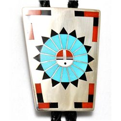 Zuni Multi-Stone Sun Design Sterling Silver Bolo Tie - Fred & Lolita Natachu