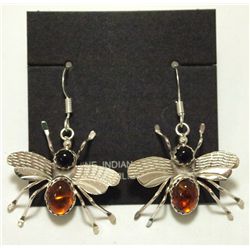 Navajo Onyx & Amber Sterling Silver Bug French Hook Earrings - Juan Begay, Jr.