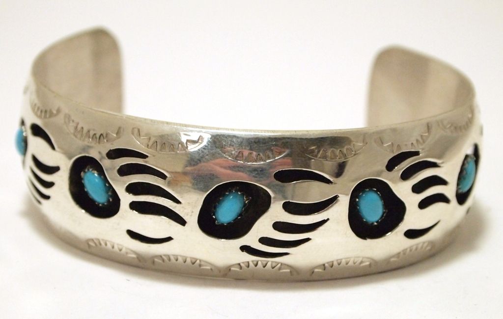 Navajo Turquoise Sterling Silver Wide Bear Paw Cuff Bracelet - Pearlene ...