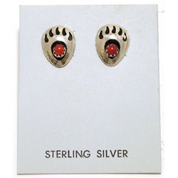 Navajo Coral Sterling Silver Bear Paw Post Earrings - Gaynelle Parker