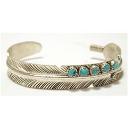 Navajo Turquoise Sterling Silver Feather Thick Cuff Bracelet - Virgil Reeder