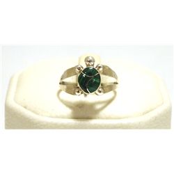 Zuni Malachite Inlay Sterling Silver Small Turtle Women's Ring - Vernon Waikaniwa
