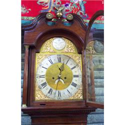 Late 18th Century mahogany longcase clock, the hood with brass mounted Greek key decorated swan n...