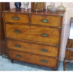 19th Century brass bound mahogany two section military chest fitted two short and three long draw...