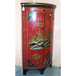 George III bowfront corner cupboard having later red and gilt chinoiserie style lacquered decorat...