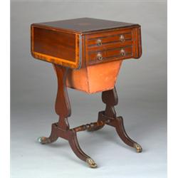 Edwardian Regency style rosewood and satinwood crossbanded mahogany two flap sewing table fitted...