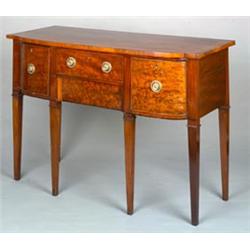 George III shaped front mahogany sideboard with satinwood crossbanding, the centre fitted two dra...