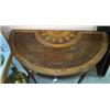 Image 1 : George III mahogany demi lune fold-over top card table, crossbanded and with inlaid flowerhead pa...