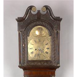 18th Century oak longcase clock, the later carved case with swan neck pediment, reeded pillars co...