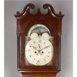 Late 18th Century mahogany crossbanded oak longcase clock, the hood having swan neck pediment ree...