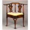 Image 1 : George III oak 'corner' chair with wide scroll arms, pillar upright supports between the pierced...