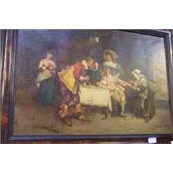 Ricardo Muller - Oil on canvas - Interior scene with cavalier figures and a fortune teller, 18" x...