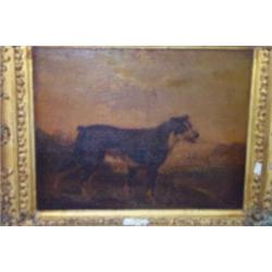 English School - Mid 19th Century oil on panel - Study of a working dog standing in a landscape,...