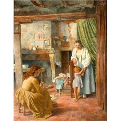 Cyrus Johnson R.I - Watercolour - Interior scene with three figures, signed, 25" x 19" - see illu...