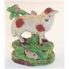Image 1 : Early 19th Century Staffordshire pottery figure group depicting a red patched ewe with lamb on a...