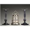 Image 1 : Pair of Georgian style heavily cut amethyst glass candlesticks on knopped stems and stepped squar...