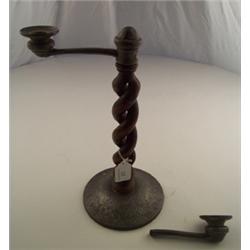 Pair of Liberty's Tudric pewter three branch candelabra with oak open twist columns, base with no...