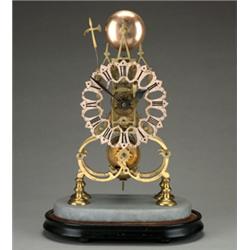 19th Century brass skeleton clock with silvered chapter ring, single fusee movement on oval eboni...