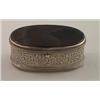 Image 1 : 19th Century oval white metal box having engraved foliate decoration, the hinged cover with inset...