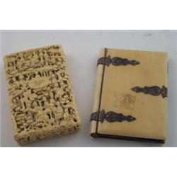 19th Century Chinese carved ivory card case with allover decoration of figures and pagodas, 4" hi...
