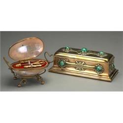 19th Century Arts & Crafts design rectangular shaped brass casket deskstand mounted with malachit...