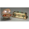 Image 1 : 19th Century Arts & Crafts design rectangular shaped brass casket deskstand mounted with malachit...