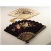 Image 1 : Black silk fan with embroidered foliate decoration having gilded ebonised sticks and a cream silk...