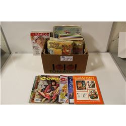 BOX LOT OF ASSORTED VINTAGE PLAYBOY MAGAZINES AND COMICS, 18+