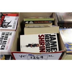 BOX LOT OF ASSORTED PAPERBACK AND HARD COVER BOOKS, MOSTLY UNREAD