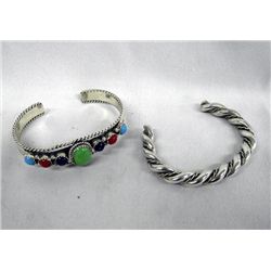 Two Navajo Sterling Bracelts, One Multi-Stone