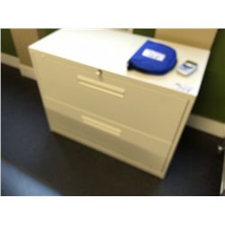 TWO DRAWER FILE CABINET AND TWO CORK BOARDS